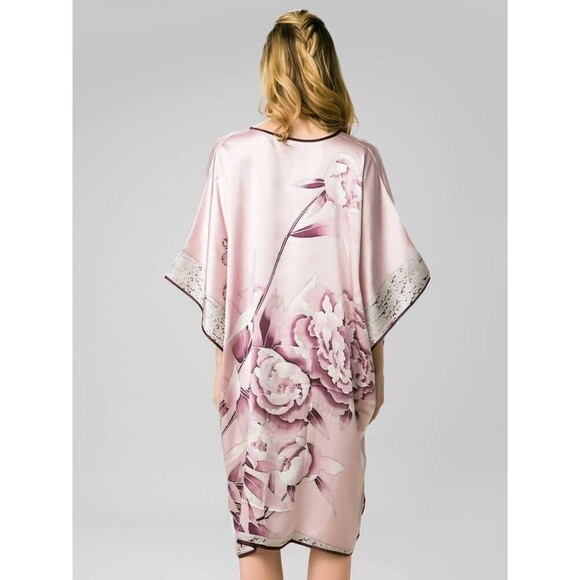 NWT Freedom Silk Peony Printed Rosy Pink Silk Kaftan With Trimming L Boat Neck - Picture 4 of 12